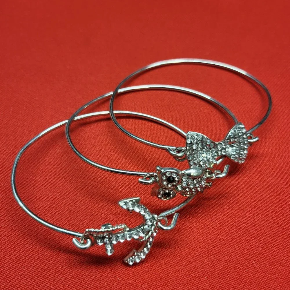 Silver Bracelet Rhinestones Anchor Ribbon Owl Set of 3